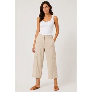 New York & Company Womens Linen Blend Cropped Cargo Pants Medium Beige Wide Leg